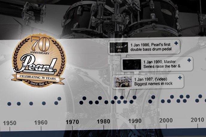 De drumsets van 70 jaar Pearl in een tijdlijn
