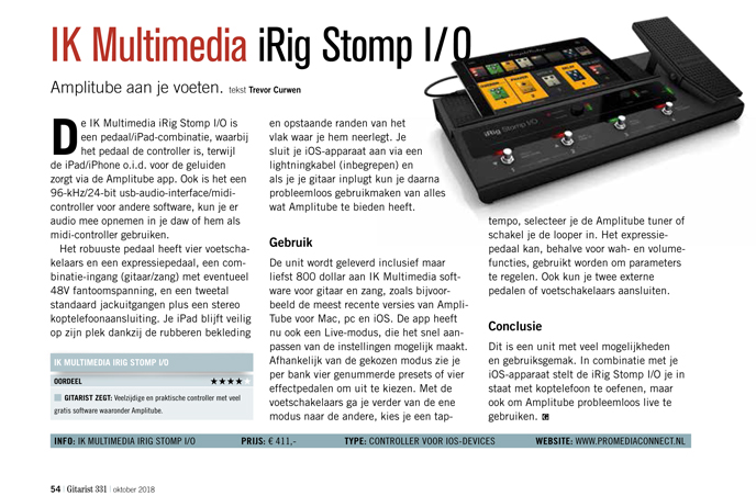 IK Multimedia iRig Stomp I/O - test uit Gitarist 331