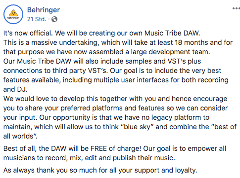 Behringer werkt aan een eigen Music Tribe daw