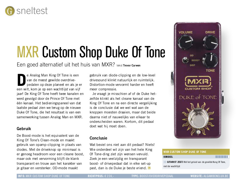 MXR Custom Shop Duke Of Tone - test uit Gitarist 382