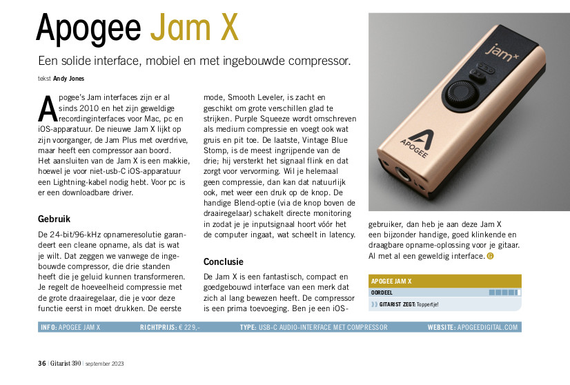 Apogee Jam X - test uit Gitarist 390