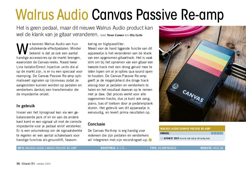 Walrus Audio Canvas Passive Re-amp - test uit Gitarist 391