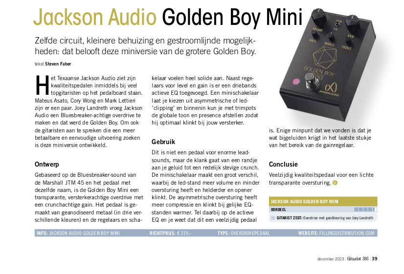 Jackson Audio Golden Boy Mini - test uit Gitarist 393