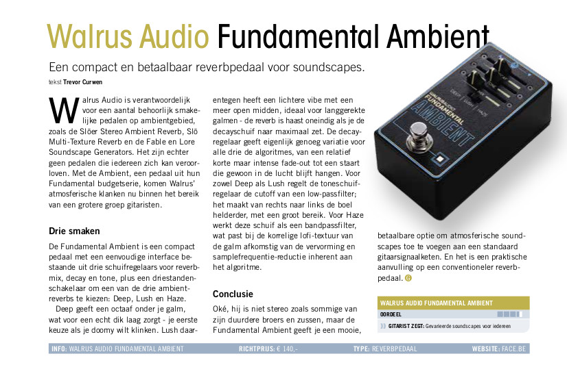 Walrus Audio Fundamental Ambient - test uit Gitarist 400