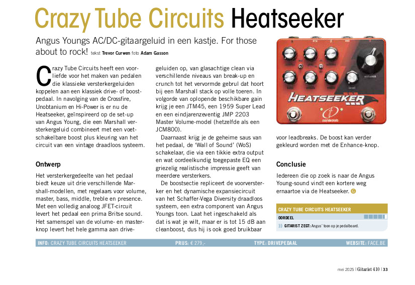 Crazy Tube Circuits Heatseeker - test uit Gitarist 410